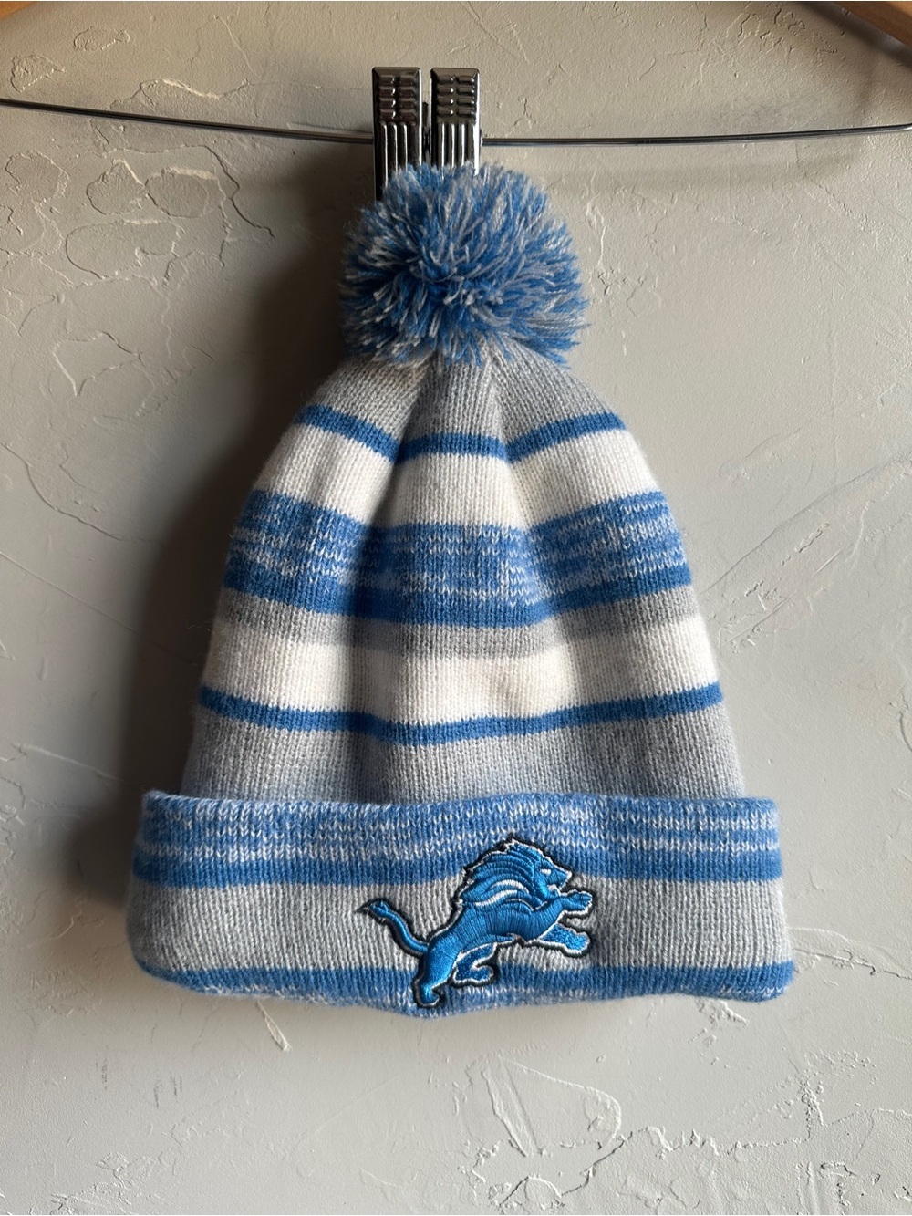 Detroit Lions New Era Striped Pom Pom Beanie Blue Gray NFL Football Winter Knit